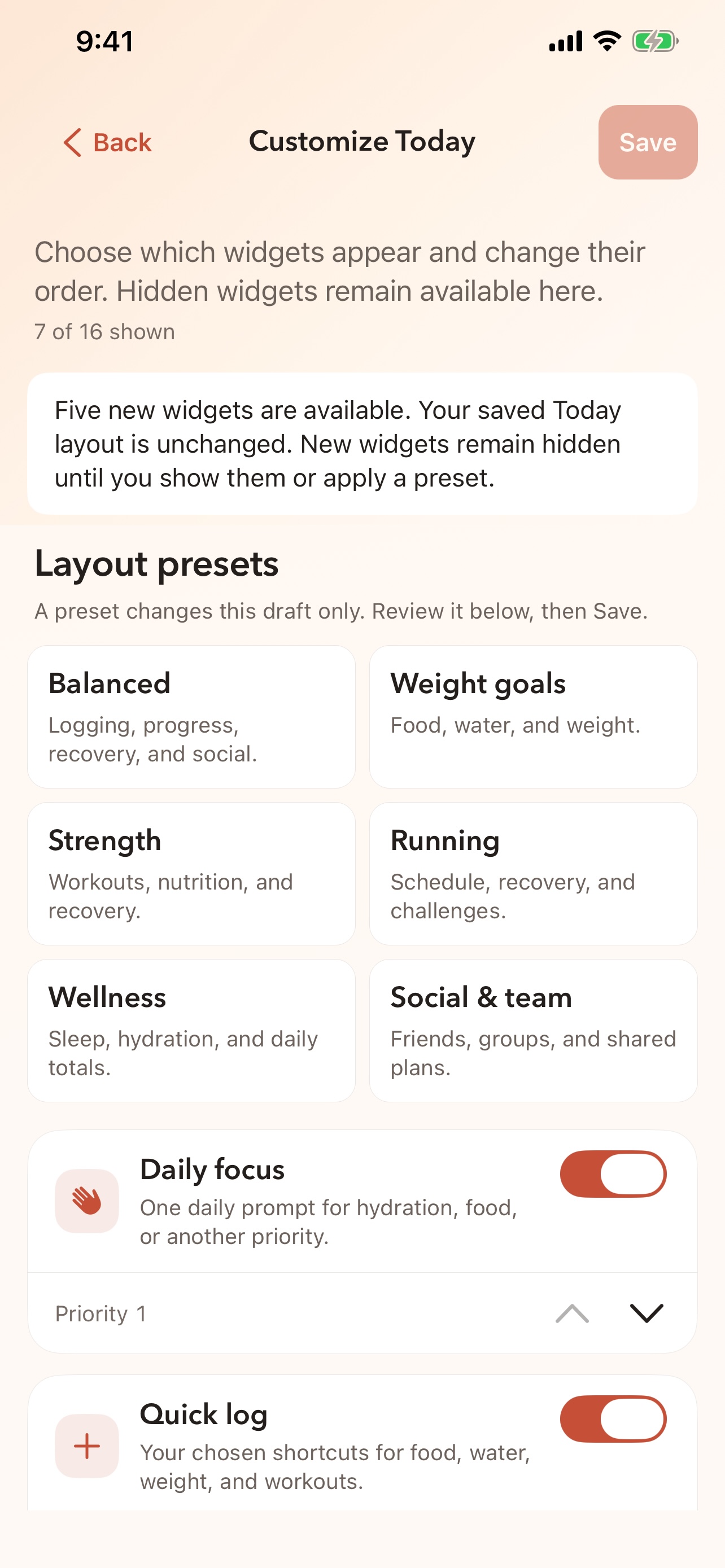 Customize Today screen with six layout choices and widget controls