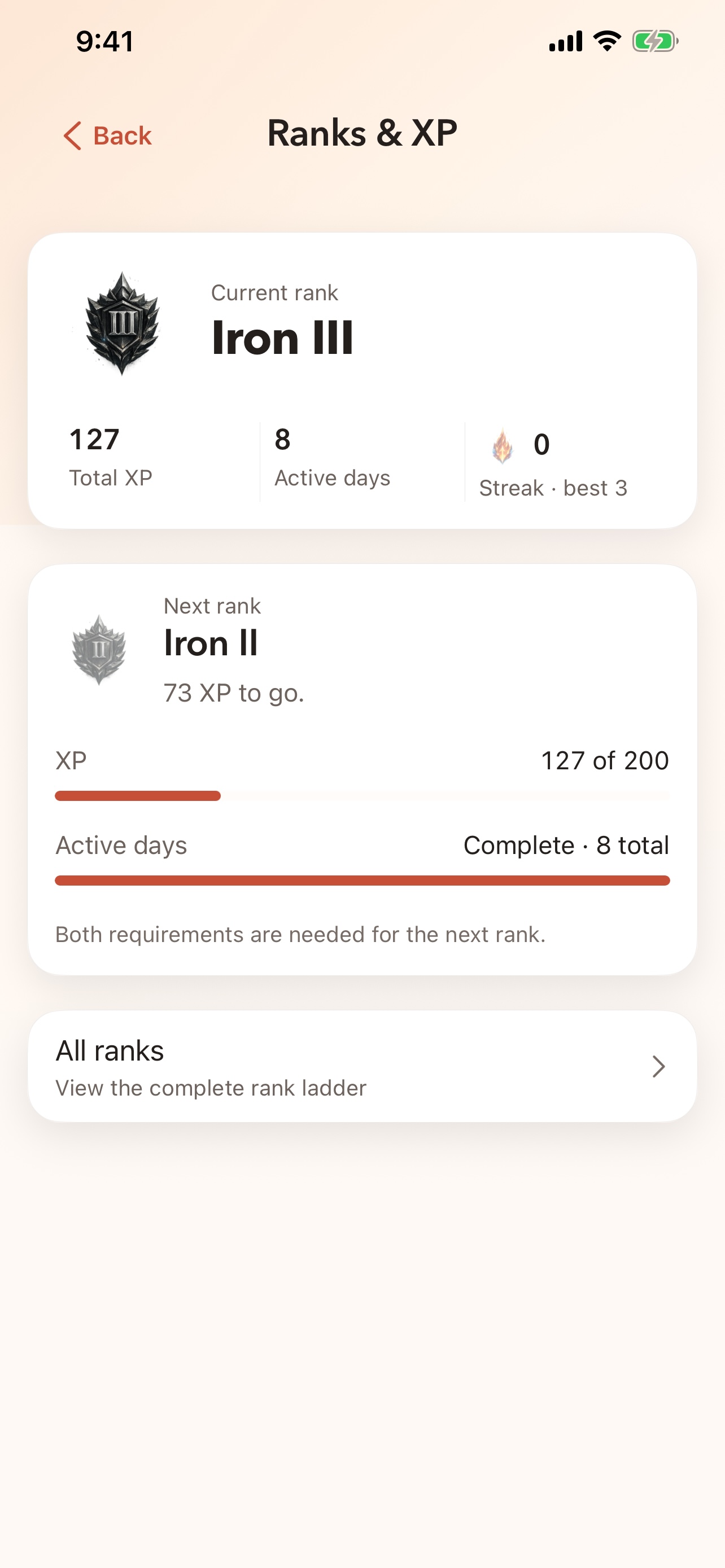 Zenith Ranks and XP screen with the Iron III rank artwork and progress