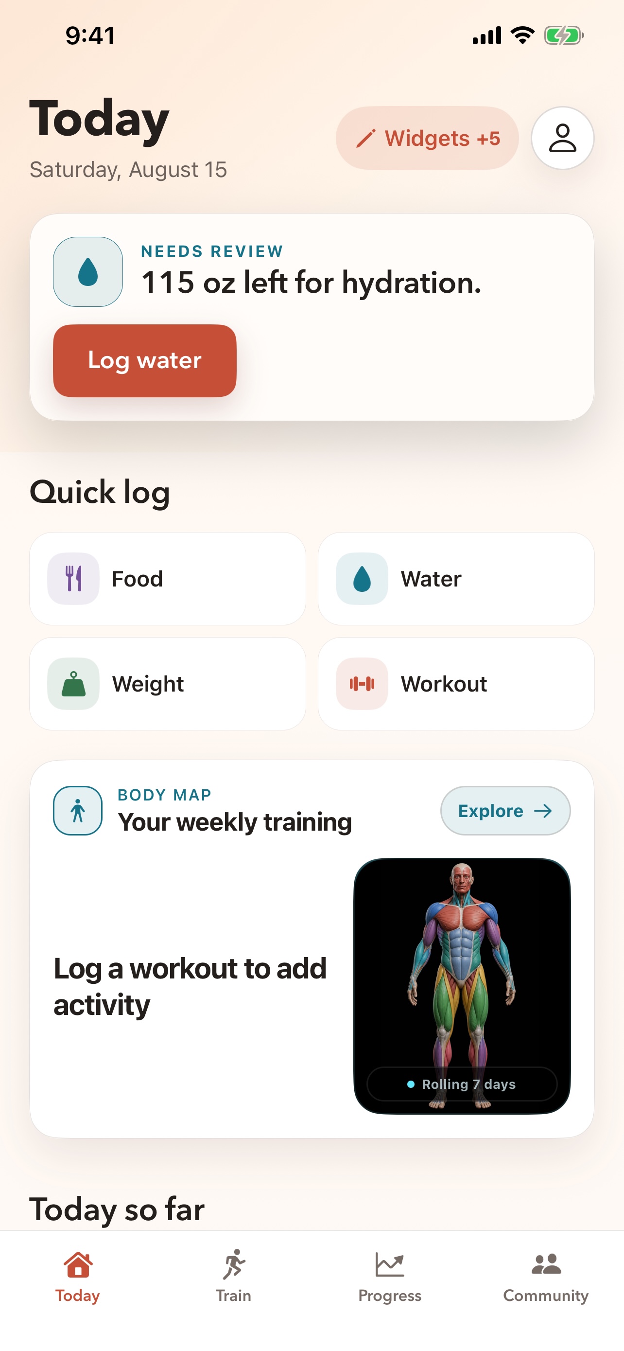 Zenith Today screen with a daily focus, quick logging, and Body Map