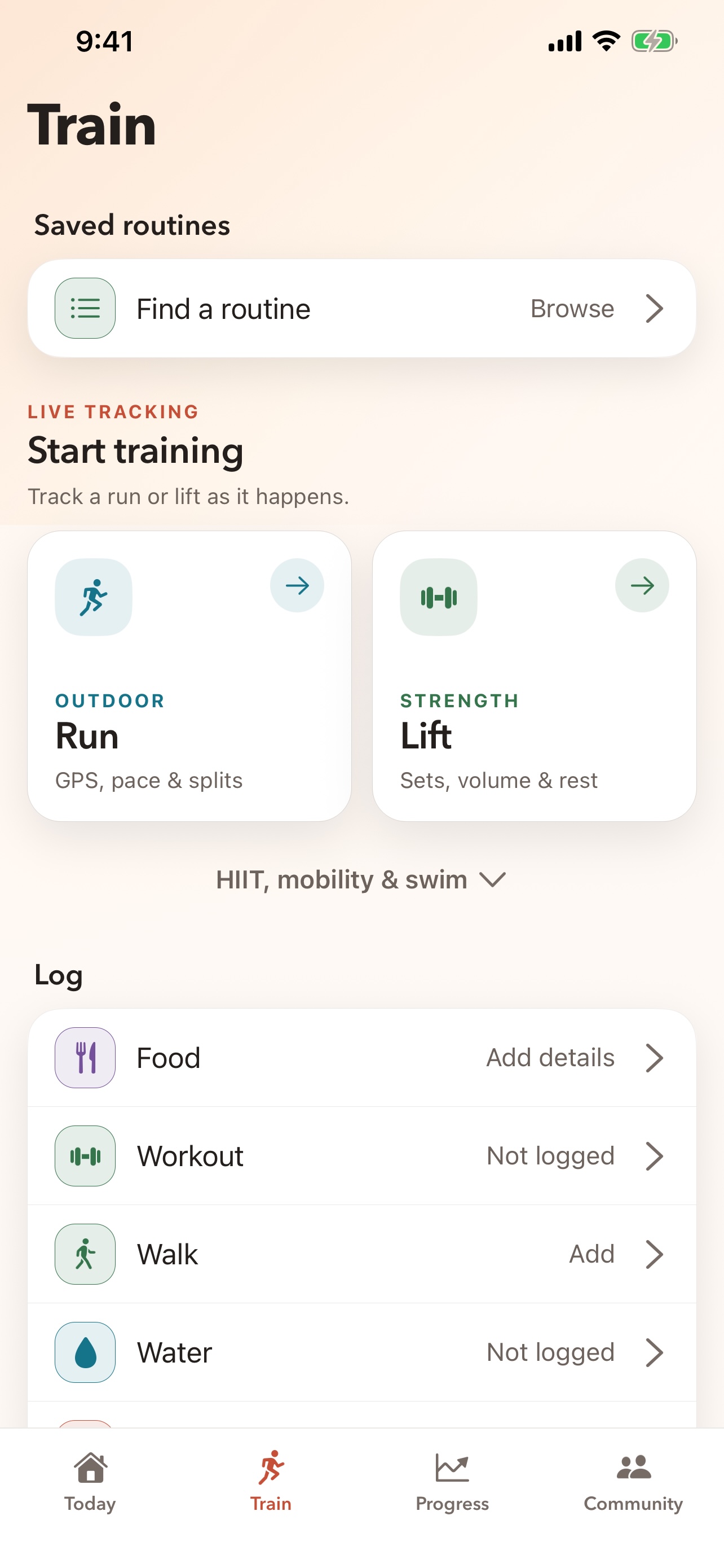 Zenith Train screen showing run, lift, and quick logging choices