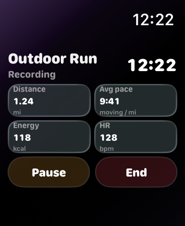 Zenith outdoor run screen on Apple Watch showing elapsed time, distance, average pace, energy, and heart rate